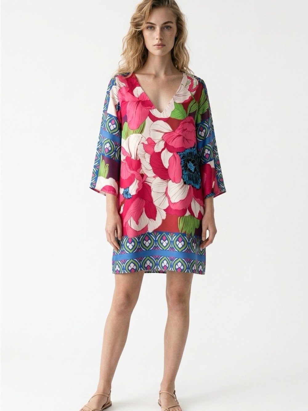 Lavender Brown PINK AND BLUE floral v neck dress